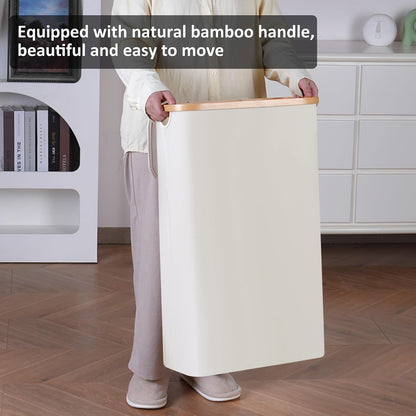 Slim Narrow Laundry Hamper with Lid, 60L Capacity, Bamboo Handle for Efficient Towel and Clothing Organization, Beige