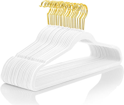 Premium Heavy-Duty Velvet Suit Hangers - 60-Pack Slimline Non-Slip Design with Gold Hooks - Space-Saving White Hangers