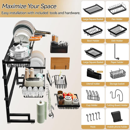 Expandable Over-Sink Dish Drying Rack with Snap-On Design - Large Dish Drainer and Storage Organizer (32-40L x 12W x 34-38H inches)