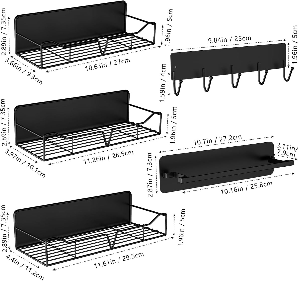 Heavy-Duty Magnetic Shelves for Washing Machines and Refrigerators - 5-Pack Metal Storage Rack with Hooks and Towel Holder for Laundry Room Organization (Black)