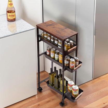 Narrow 5-Tier Rolling Storage Cart with Wood Top in Black
