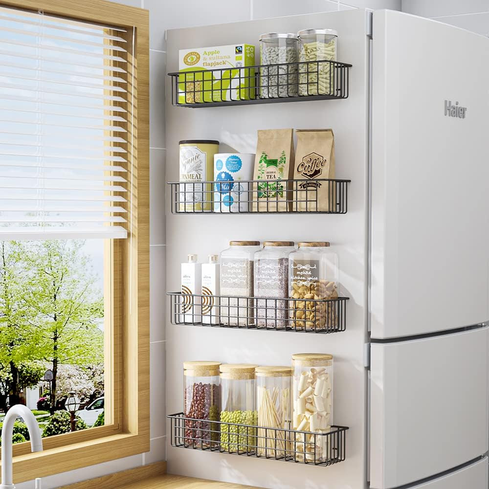 Set of 2 Magnetic Refrigerator Storage Baskets, Durable Spice Rack and Shelf for Kitchen and Pantry Organization