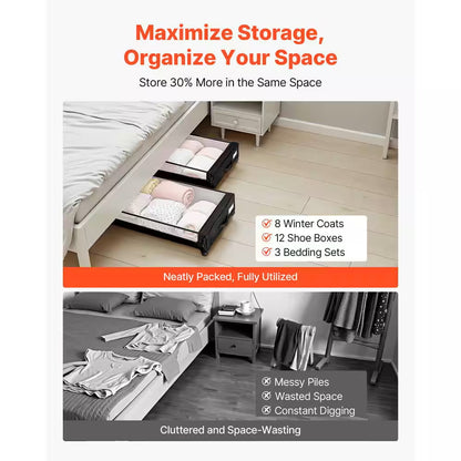 Underbed Storage Containers with Wheels, 30.3 x 18.5 x 6.8 In., Clear Lid Shoe Organizer (Set of 2)
