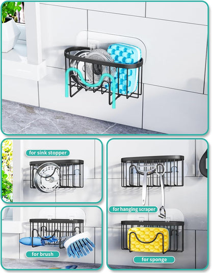 Multifunctional M-Shaped Sponge Holder with Dual Installation Options - Rustproof Stainless Steel Kitchen Sink Organizer in Black