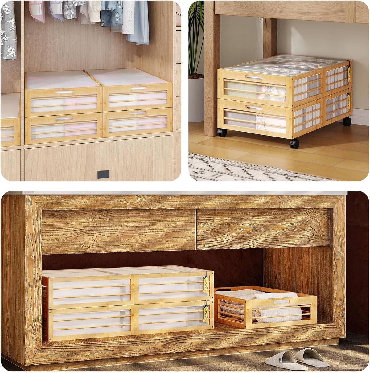 Bamboo Under-Bed Storage Drawers with Wheels - Set of 2 for Clothes and Toy Organization