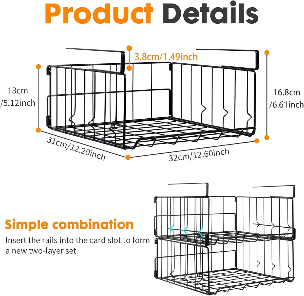 Under-Shelf Storage Baskets, 2-Pack Foldable Metal Wire Racks for Kitchen, Pantry, Office, and Home Organization - Easy Installation (Black)