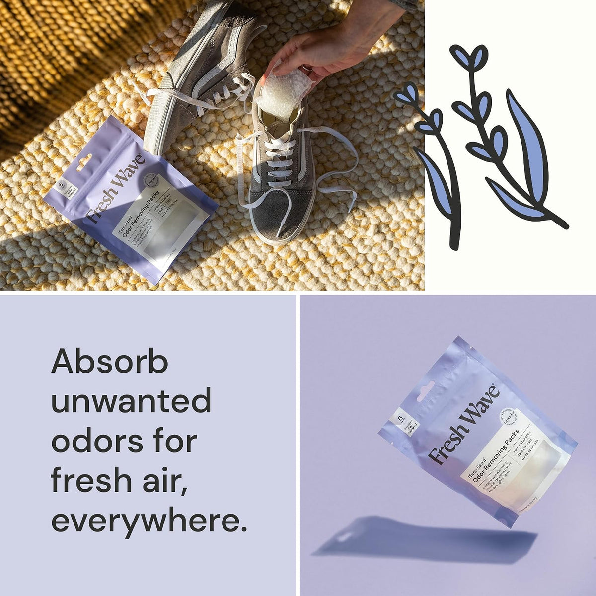 Lavender Odor Eliminator Packs, 6-Pack for Small Spaces and Closets
