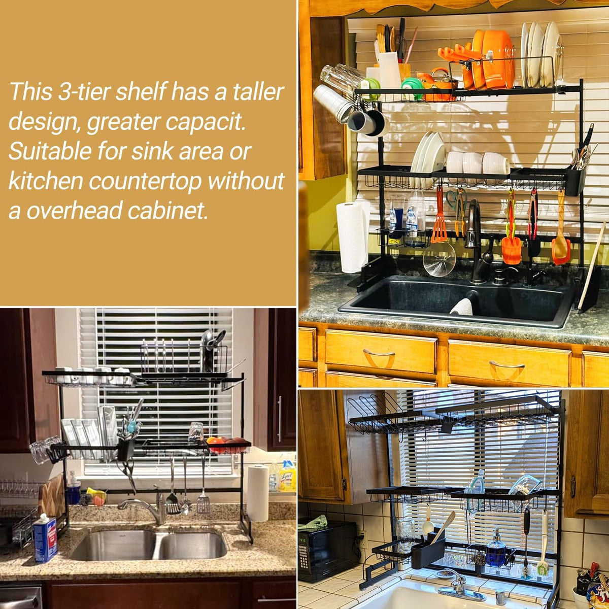 Expandable Over-Sink Dish Drying Rack with Snap-On Design - Large Dish Drainer and Storage Organizer (32-40L x 12W x 34-38H inches)