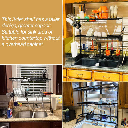 Expandable Over-Sink Dish Drying Rack with Snap-On Design - Large Dish Drainer and Storage Organizer (32-40L x 12W x 34-38H inches)