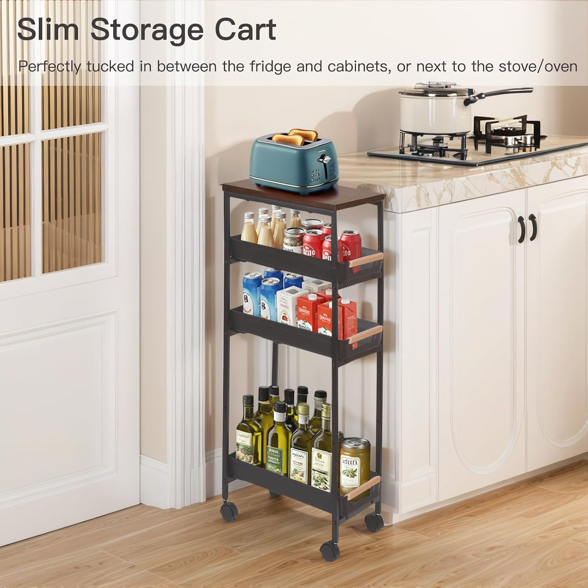 Narrow 5-Tier Rolling Storage Cart with Wood Top in Black