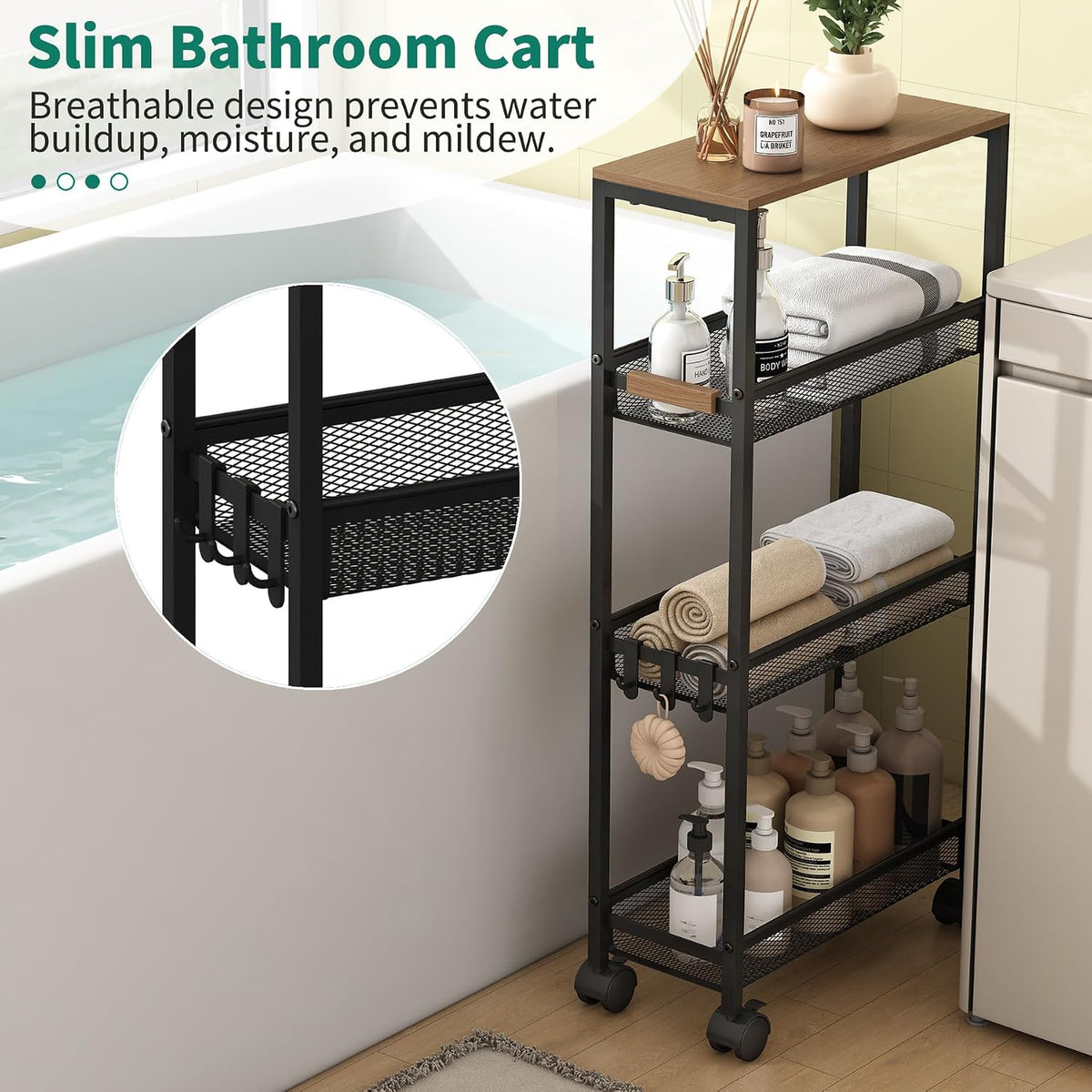 4-Tier Slim Utility Rolling Laundry Cart with Wheels in Black