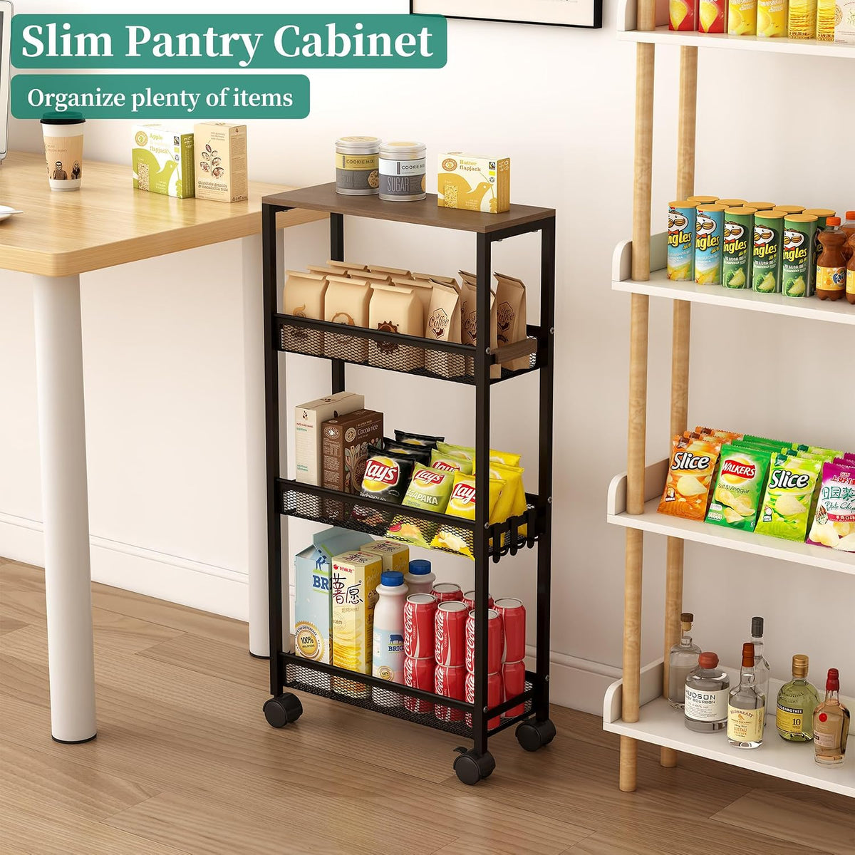 4-Tier Slim Utility Rolling Laundry Cart with Wheels in Black
