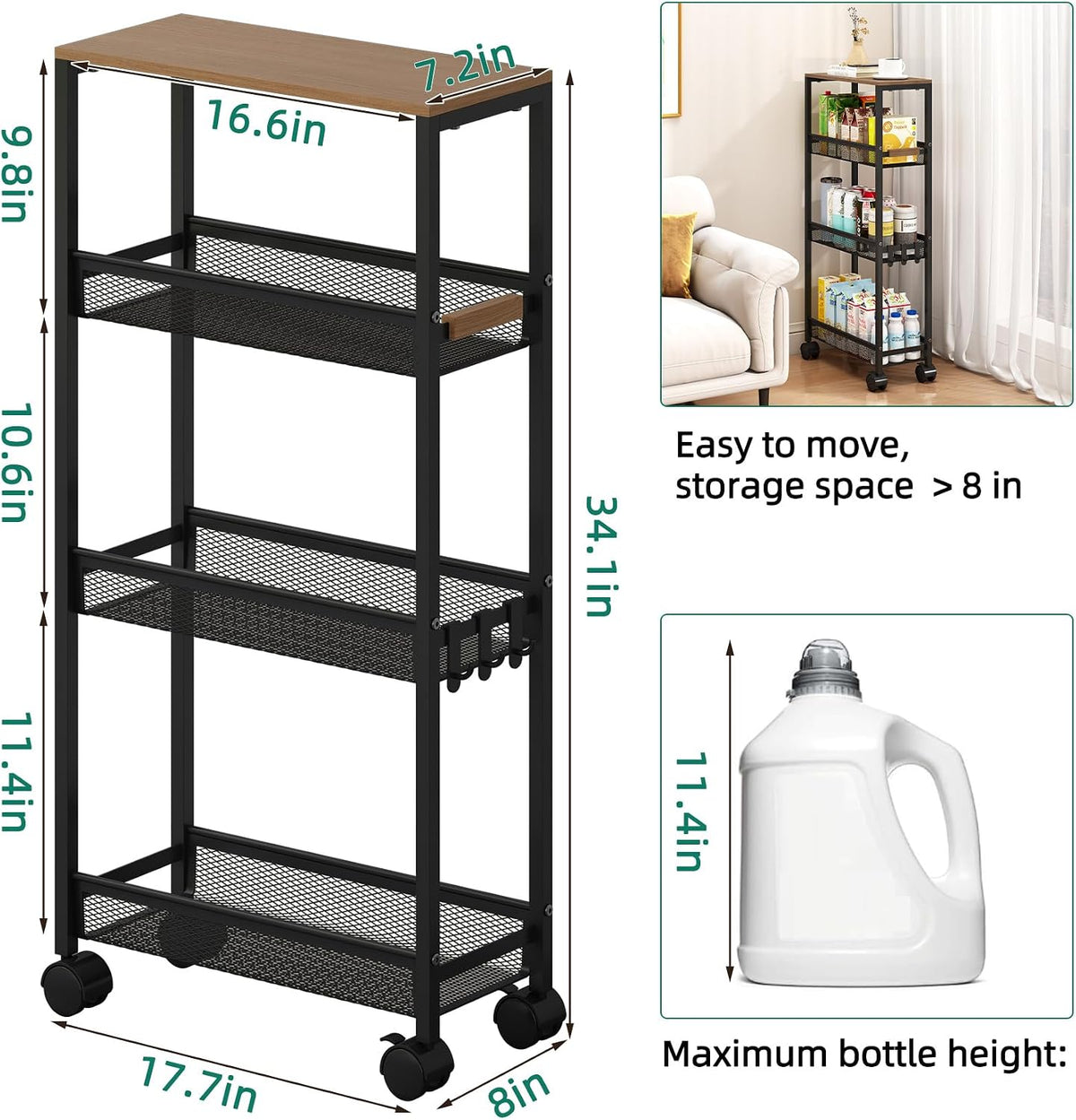 4-Tier Slim Utility Rolling Laundry Cart with Wheels in Black