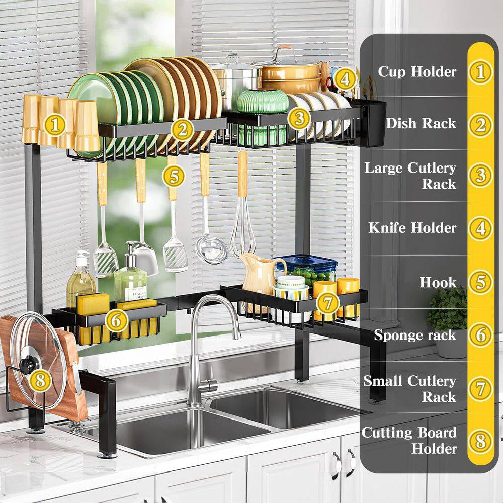 Adjustable 35.4-Inch 2-Tier Over-Sink Dish Drying Rack with 4 Baskets - Complete Kitchen Organizer in Black