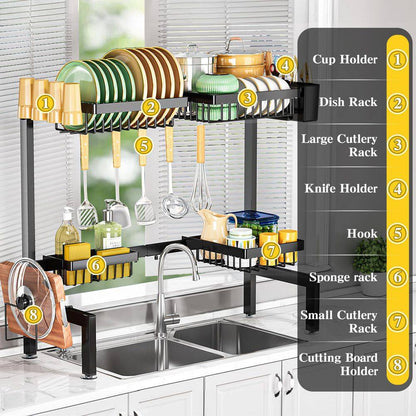Adjustable 35.4-Inch 2-Tier Over-Sink Dish Drying Rack with 4 Baskets - Complete Kitchen Organizer in Black